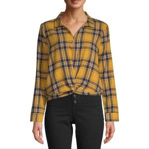 NO Boundaries Quarter Zip Up Front Yellow Plaid Top W/ Twist Front Size-2XL